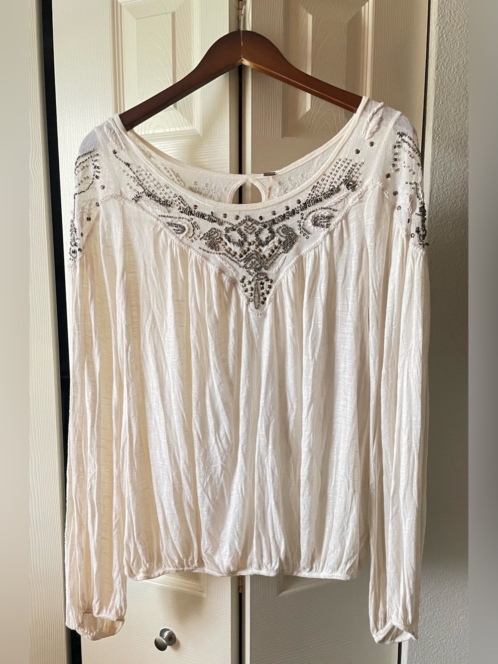 Free People Cream Embellished Scoop-Neck Peasant Blouse - Picture 2 of 7